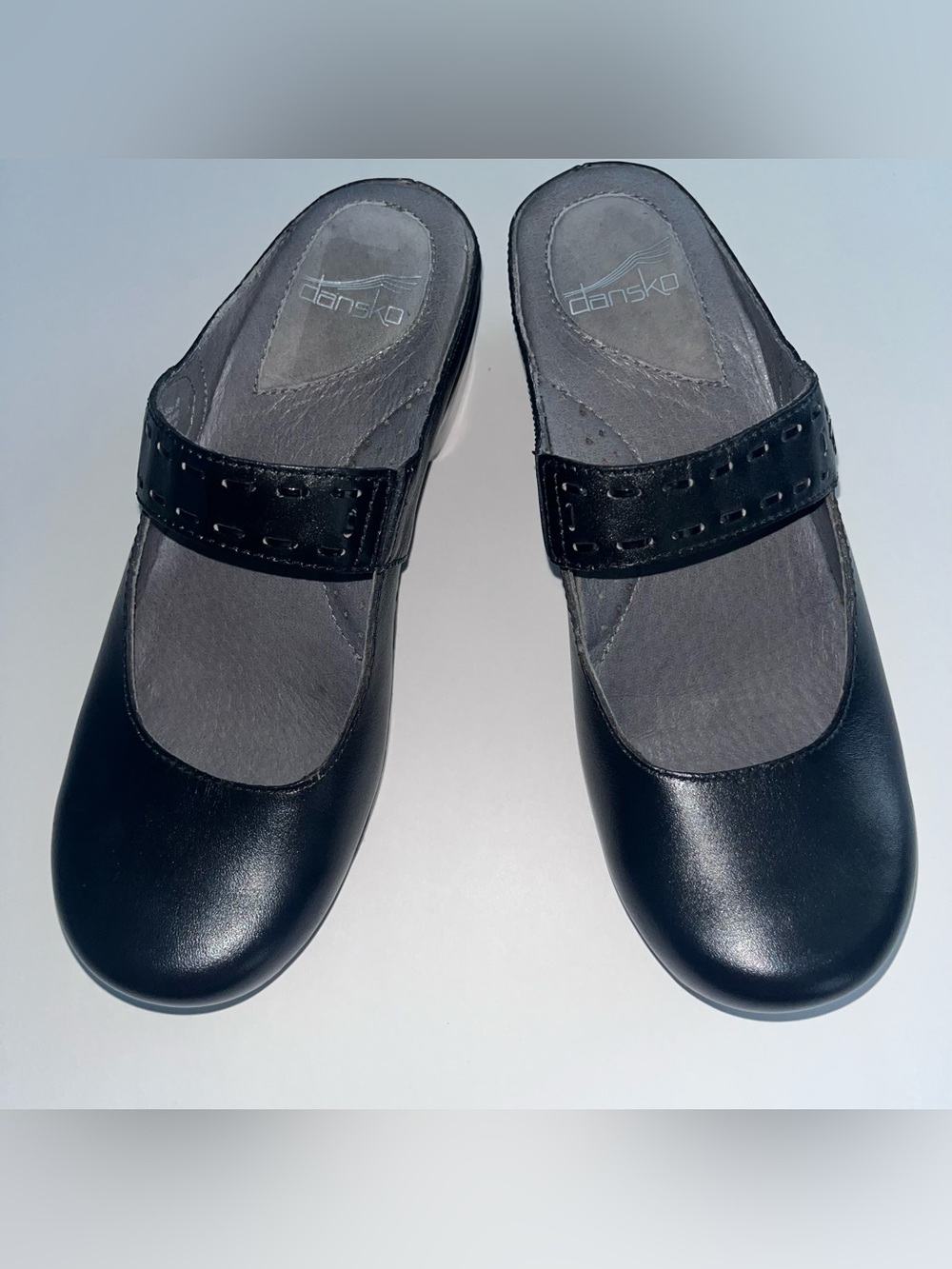 Dansko Mary Jane Black Leather Clog Shoe with Floral Strap